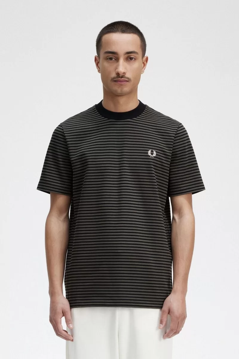 Fred Perry Fine Stripe Heavyweight Mens  154 ZOOM - Fred Perry Fine Stripe Heavyweight Men's T-Shirt Black Field Green TZKBD8395