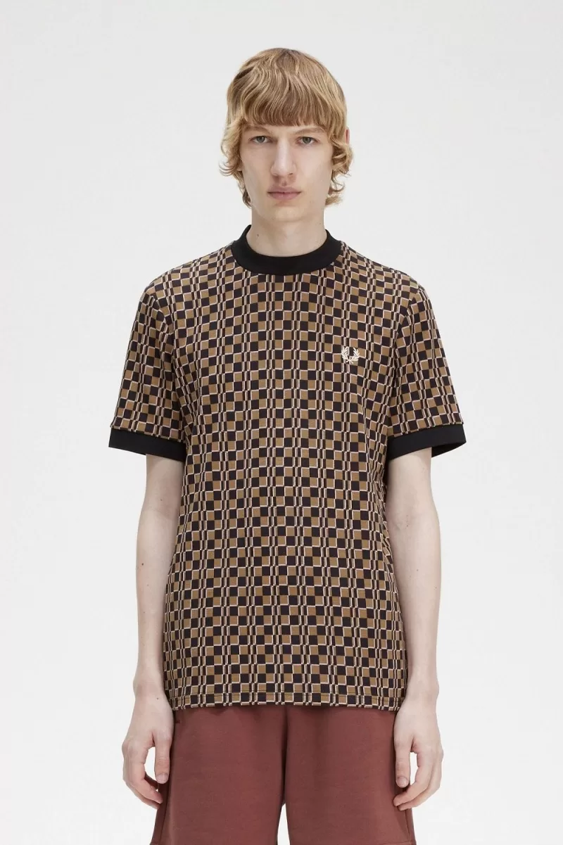 Fred Perry Glitch Chequerboard Mens TShi 90 ZOOM - Fred Perry Glitch Chequerboard Men's T-Shirt Brown Navy XSKQD5630