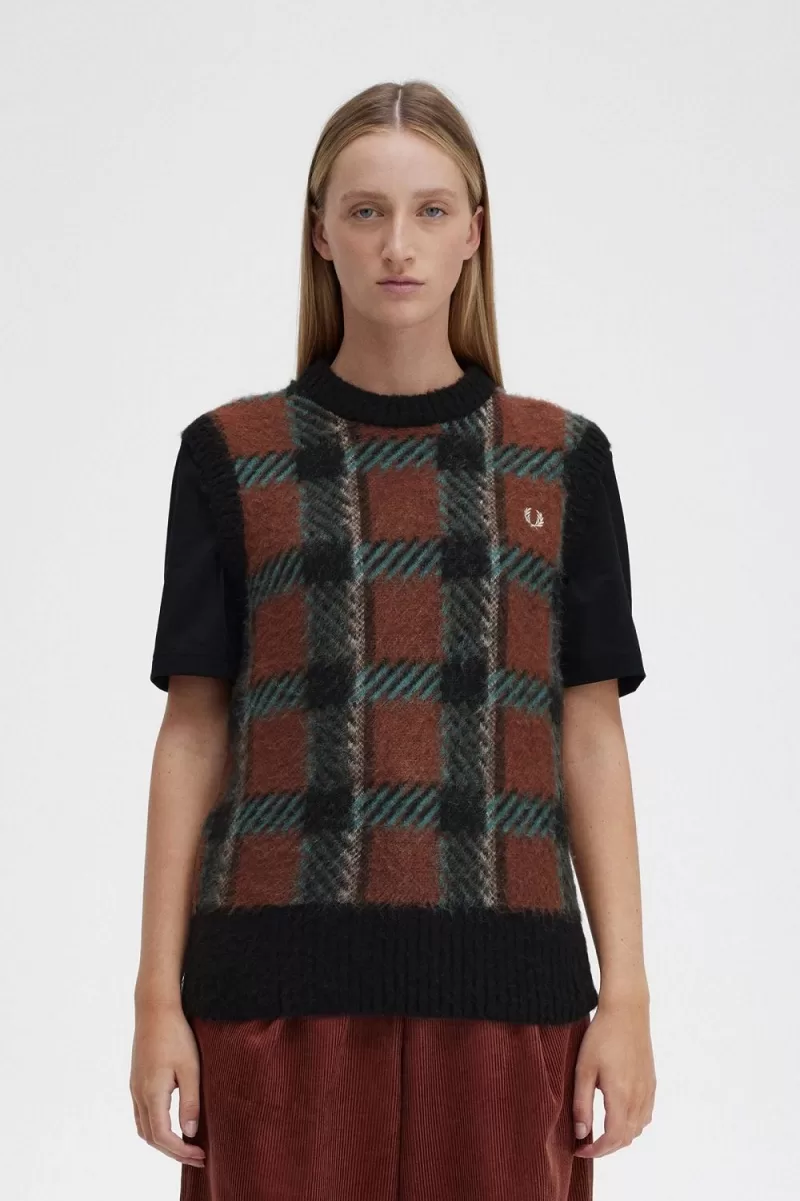 Fred Perry Glitch Tartan Knitted Women’s Tanks Whisky Brown SPNDB5312 Fred Perry Glitch Tartan Knitted Women’s Tanks Whisky Brown SPNDB5312