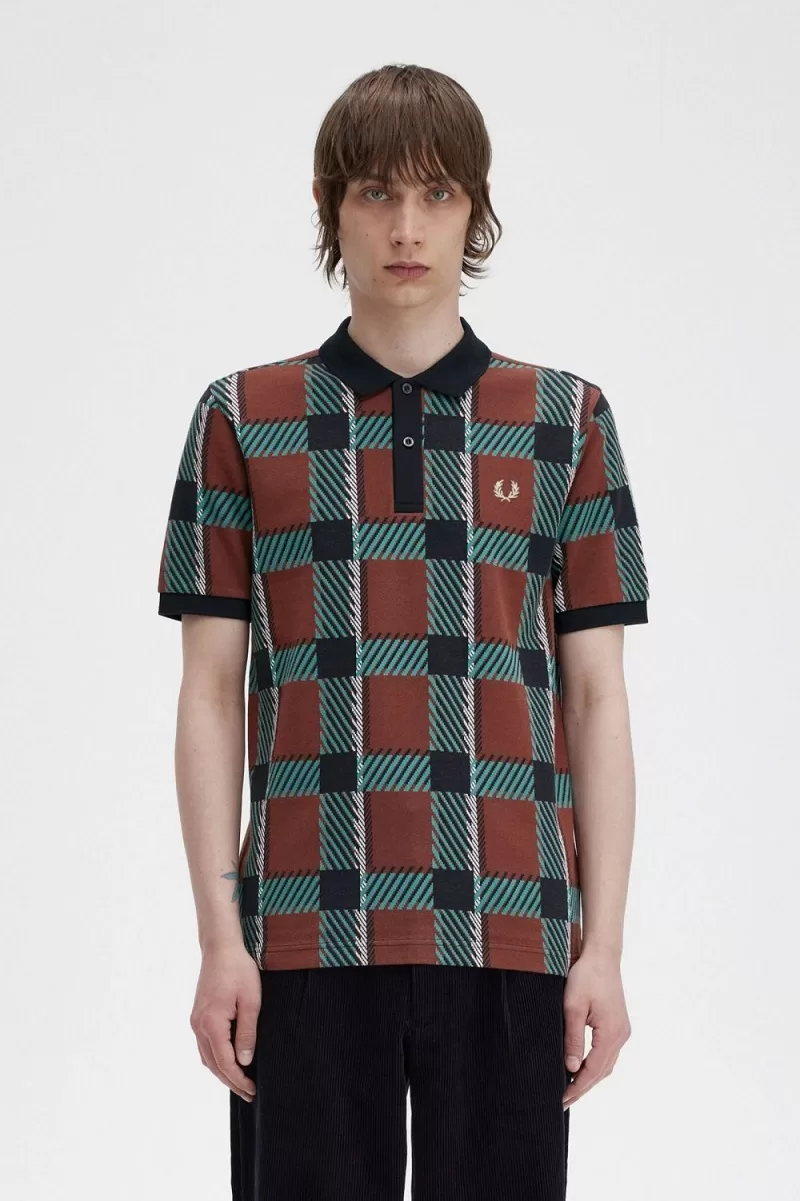 Fred Perry Glitch Tartan Men’s Polo Shirt Whisky Brown XIKEF2148 Fred Perry Glitch Tartan Men’s Polo Shirt Whisky Brown XIKEF2148