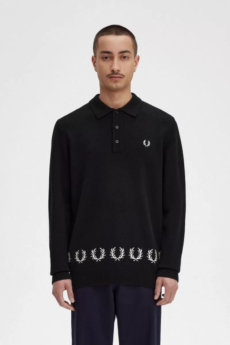 Fred Perry Laurel Wreath Trim Knitted Men’s Shirt Black YXOZF2481 Fred Perry Laurel Wreath Trim Knitted Men’s Shirt Black YXOZF2481