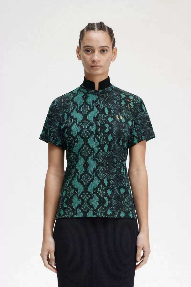 Fred Perry Snake Print Women’s Polo Shirt Deep Mint QXRLK4790 Fred Perry Snake Print Women’s Polo Shirt Deep Mint QXRLK4790