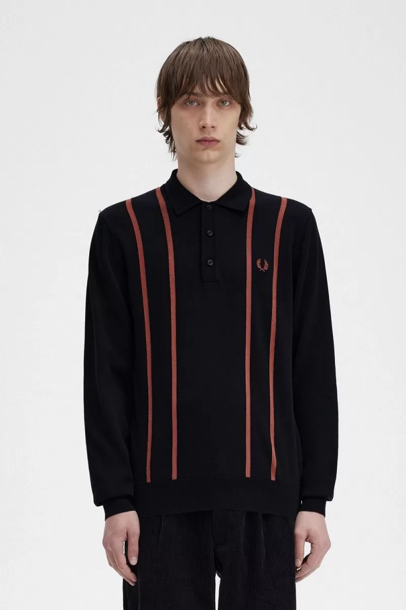 Fred Perry Vertical Stripe Knitted Mens  491 ZOOM - Fred Perry Vertical Stripe Knitted Men's Shirt Black GJTCI4875